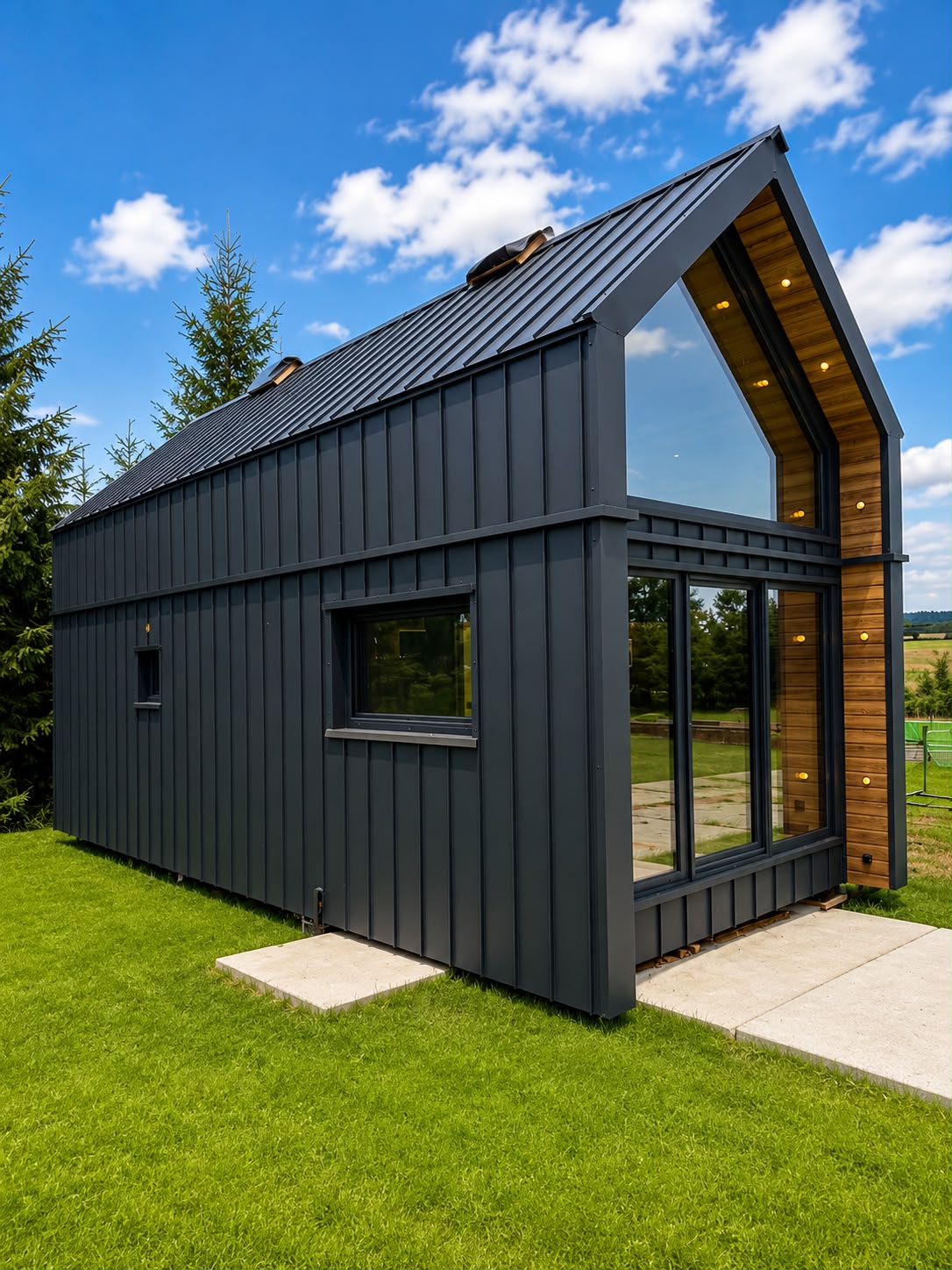 Modulhuset i dagslys sett fra siden med mørk metallkledning og saltak