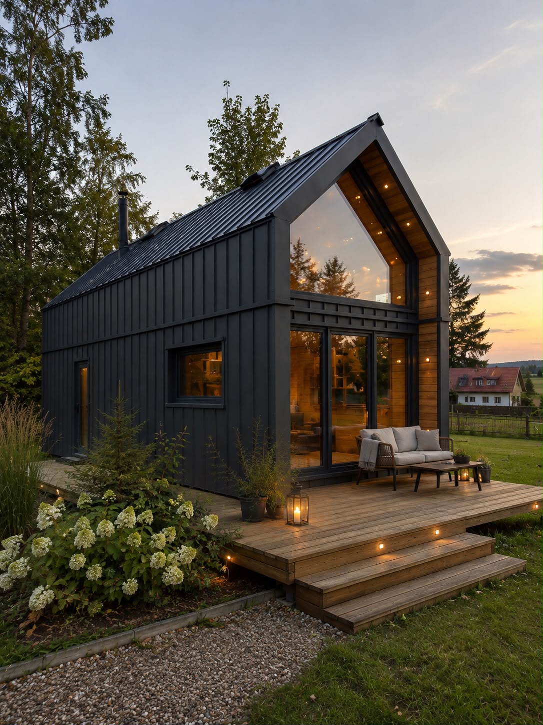 Modulhuset i skumringen med terrasse, utemøbler og lys i vinduene